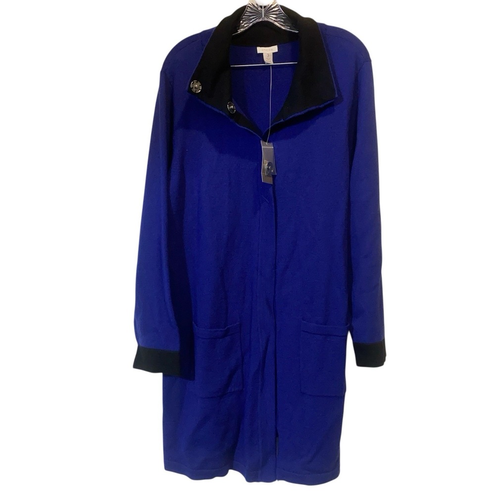 Chicos Kendall Color block Cardi Sweater 100% Wool Carbon Blue NWT Size 3 $139‎